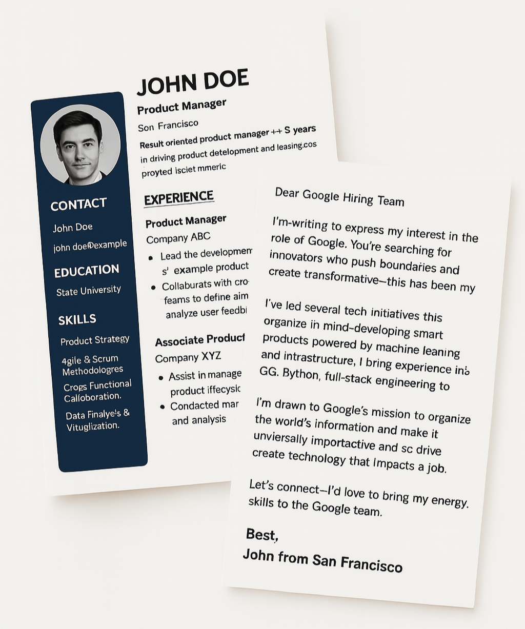 Resume and cover letter creation feature showing AI-powered resume and cover letter builder